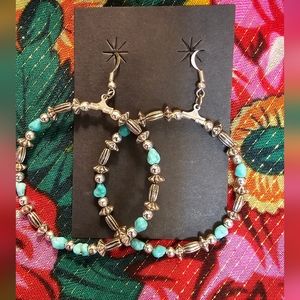 Turquoise Coral Native American Hoop Dangling Earrings